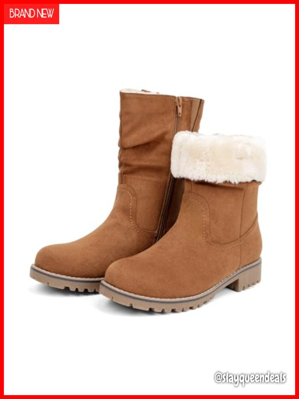 Faux Suede Mid Calf Boots Slouchy Low Heel Fur Lined Winter Zip